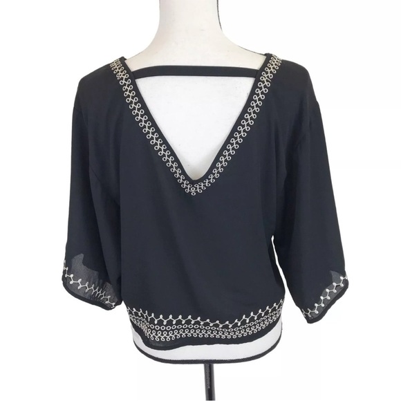 Women’s Navy Blue 3/4 Length Sleeve Crop Top with Cream Embroidery Detail - Picture 1 of 11